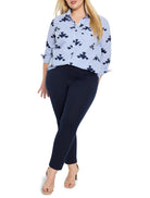 Blue and navy striped shirt with navy stamped pattern.  Long sleeves, button-down collar.