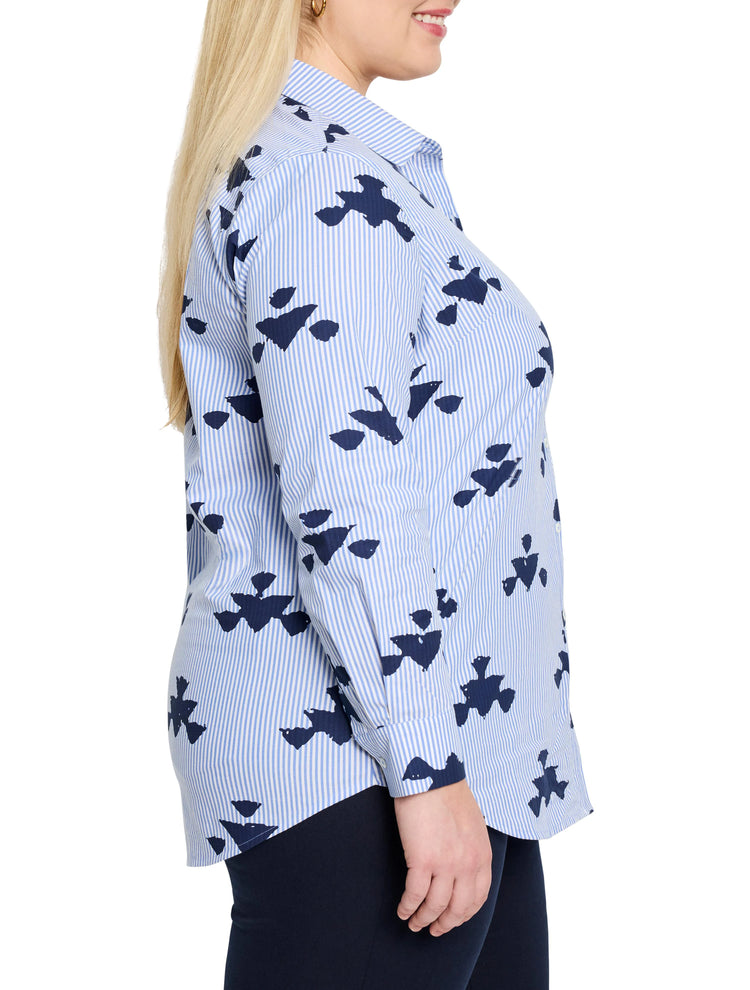 Blue and white striped shirt with a navy stamped pattern. Long sleeves, collared.