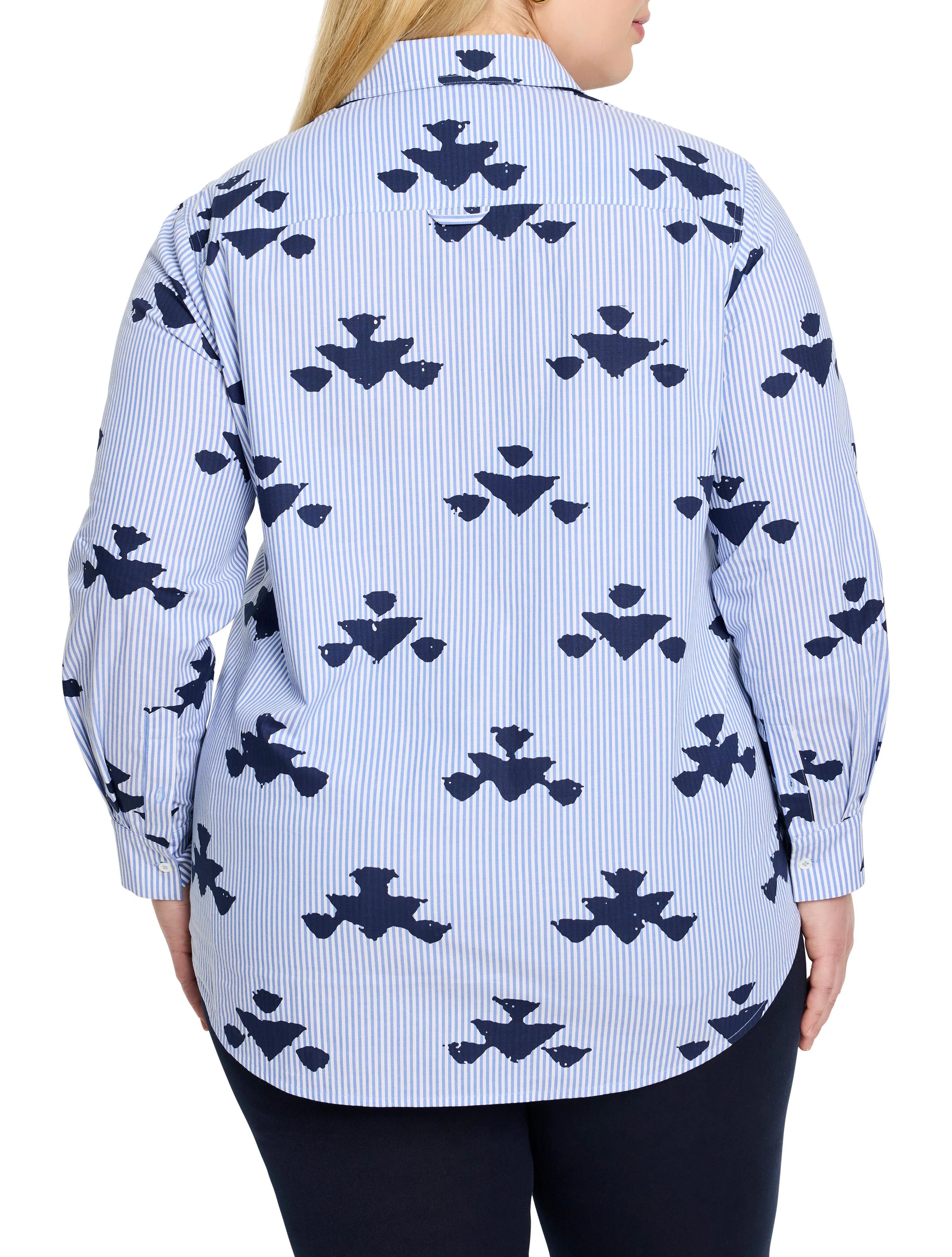 Blue and navy shirt.  Vertical stripes.  Navy stamped pattern resembling stylized flowers or clouds.  Long sleeves, collared.