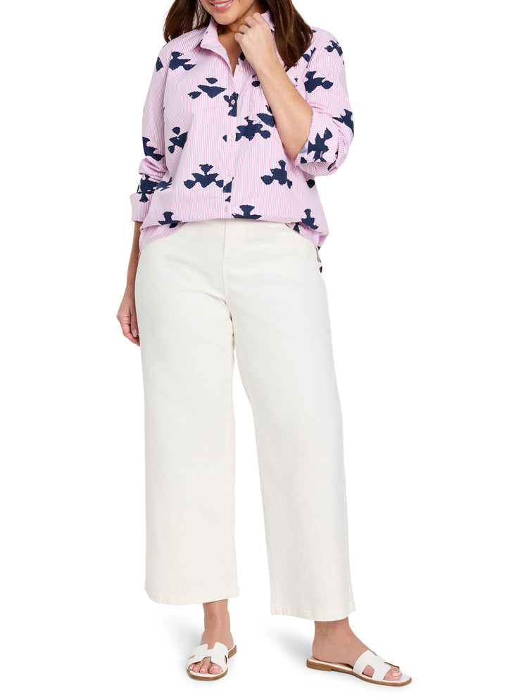 Pink & navy shirt with thin stripes and abstract stamped pattern. Long sleeves, button-down.