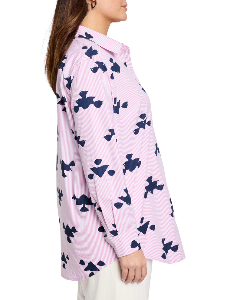 Pink striped shirt with navy blue abstract splotch print. Long sleeves, collared.