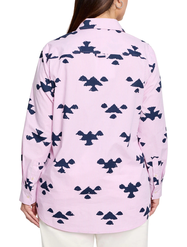 Pink and navy shirt. Vertical stripes. Dark navy abstract stamp print. Long sleeves, collared.