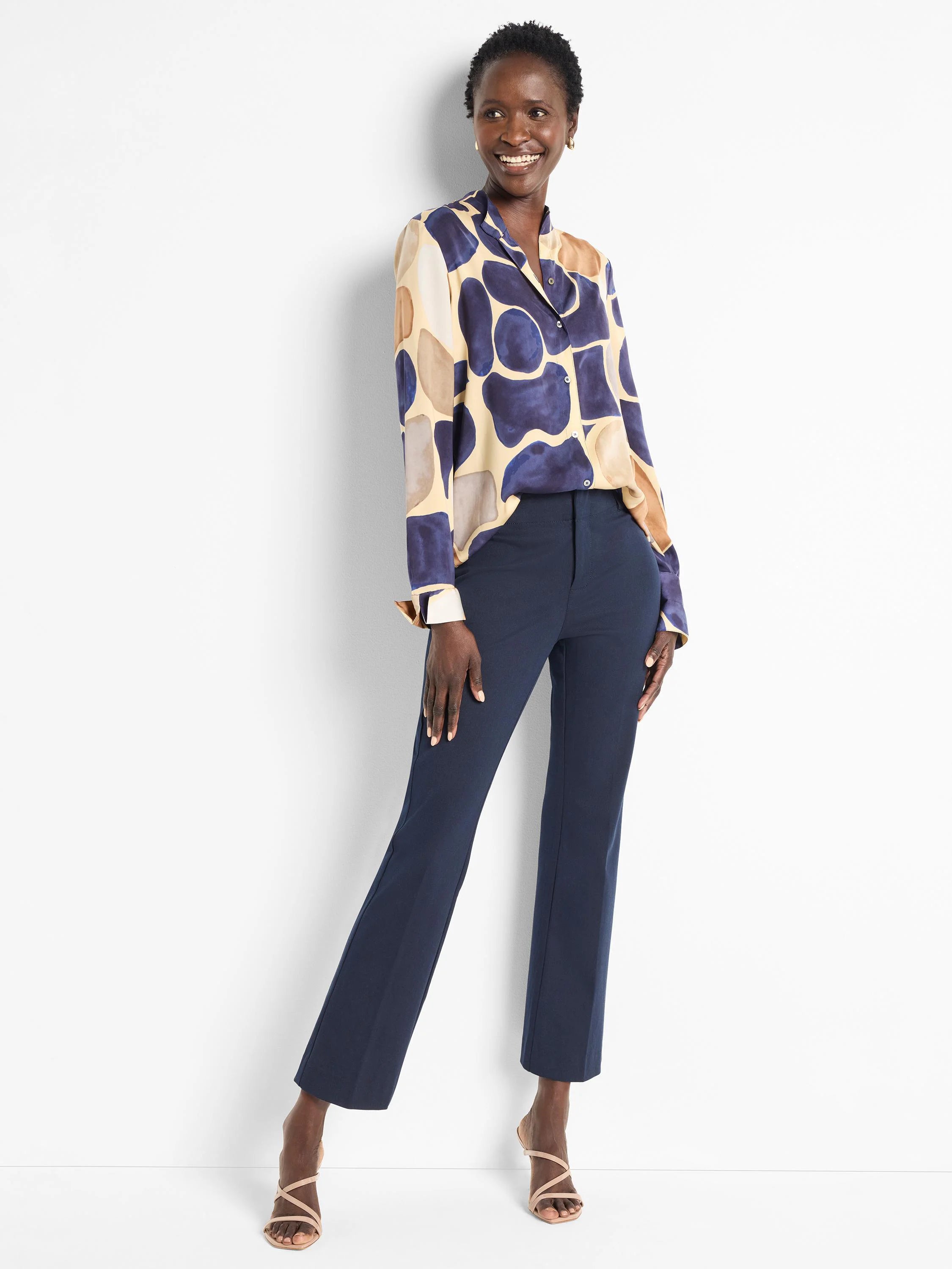 Beige and dark blue abstract print long-sleeve shirt.