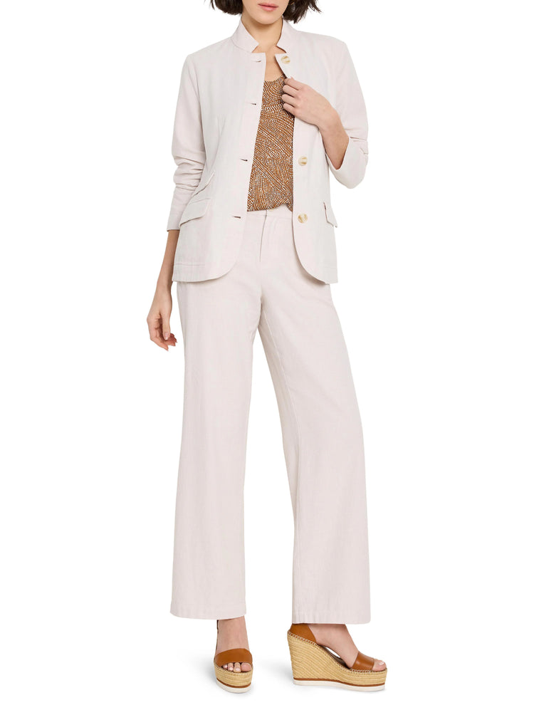 Off-white woven tank top; model wears it under a light beige blazer. Gold buttons.