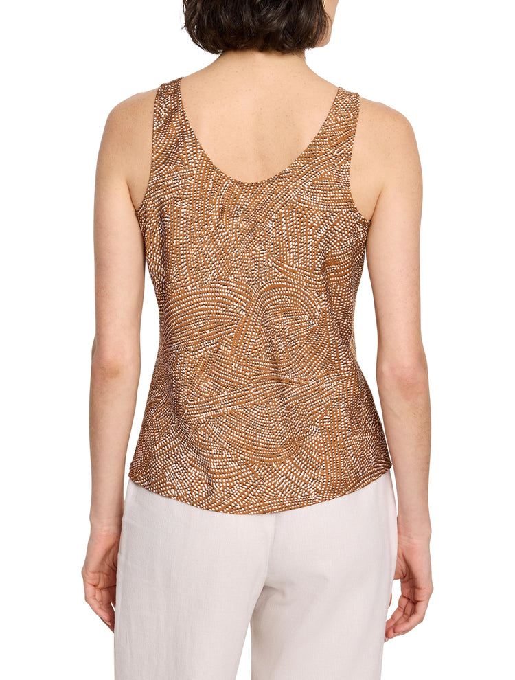 Brown sleeveless tank top with a white and brown swirling pattern. Back view.