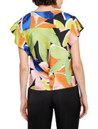 Black background, abstract leaf print in teal, orange, pink & lime green. Flutter sleeves.  Short sleeves.