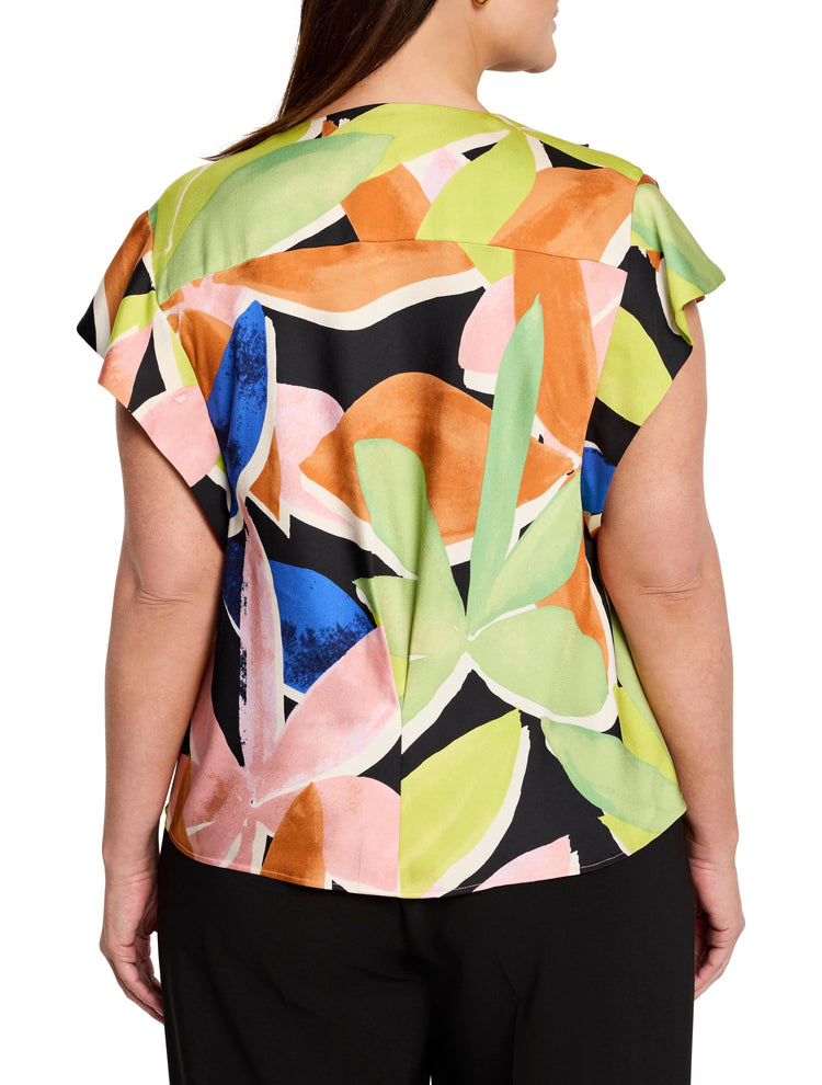 Black top with short flutter sleeves. Abstract print in orange, pink, green, and blue.