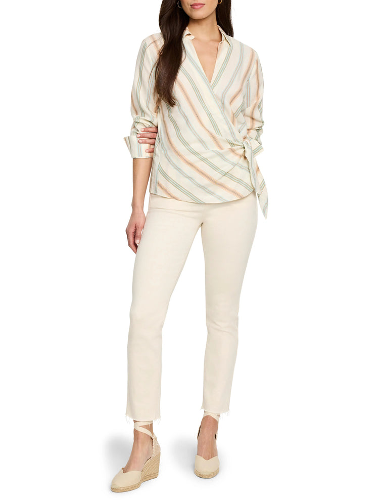 Off-white wrap top with diagonal stripes in peach, green, and beige. Long sleeves, tied waist.