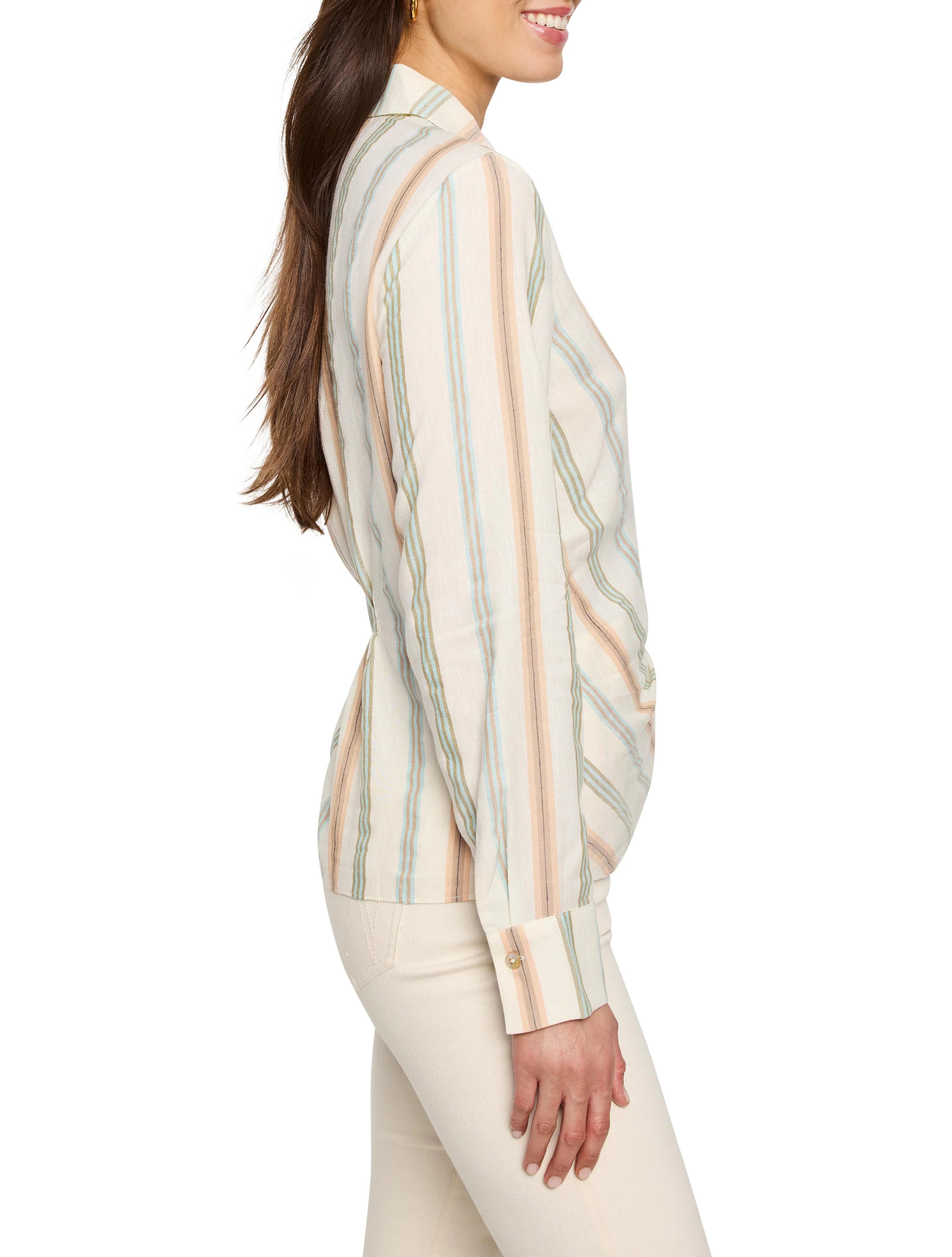 Cream-colored top with vertical stripes in peach, light teal, and olive green.  Long sleeves, collared.