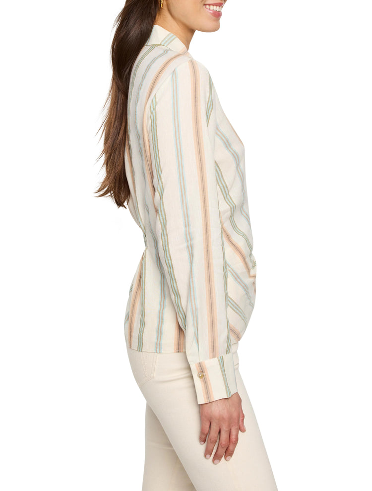 Cream-colored top with vertical stripes in peach, light teal, and olive green. Long sleeves, collared.