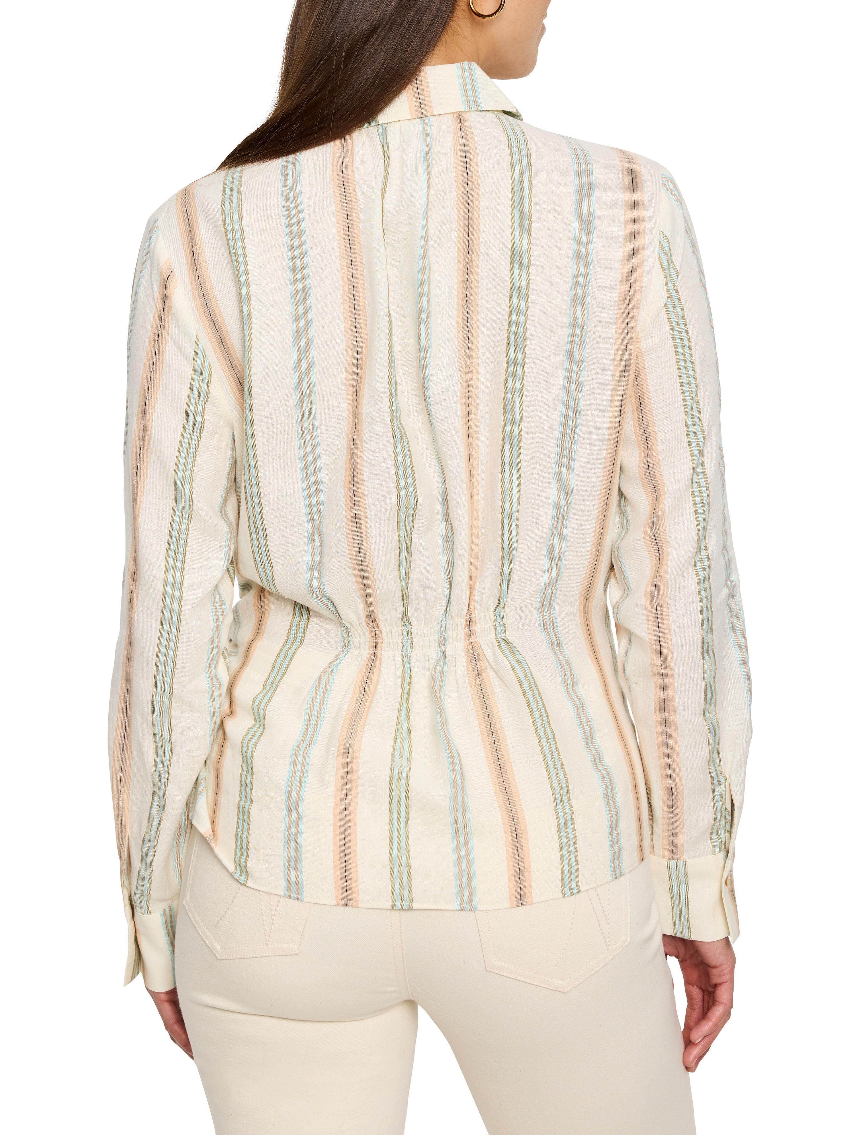 Cream-colored shirt with vertical stripes in peach, light blue, and olive green.  Long sleeves, fitted waist.