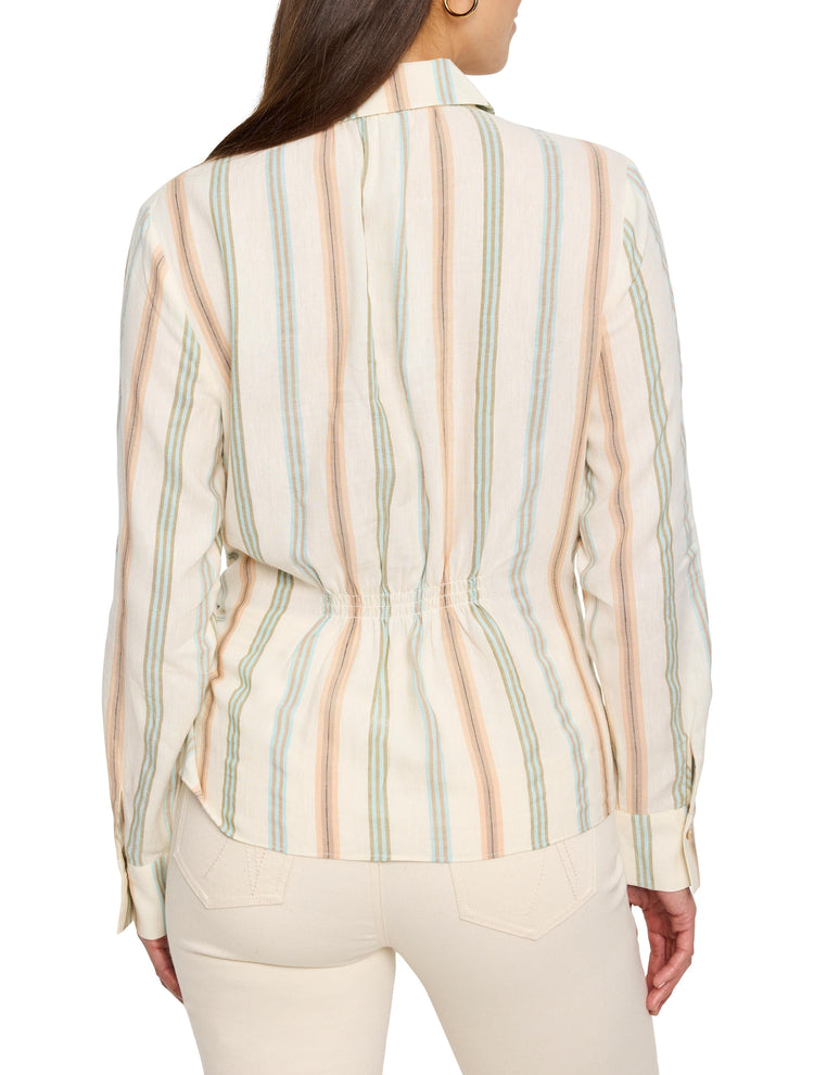 Cream-colored shirt with vertical stripes in peach, light blue, and olive green. Long sleeves, fitted waist.