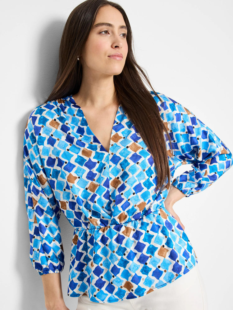Mosaic Sofia Top: White background with blue, brown, and black abstract mosaic print. V-neck, 3/4 sleeves. Loose fit.