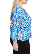 Mosaic Sofia Top: Blue, brown, and white geometric print on a v-neck, 3/4 sleeve blouse with an elasticized cuff.