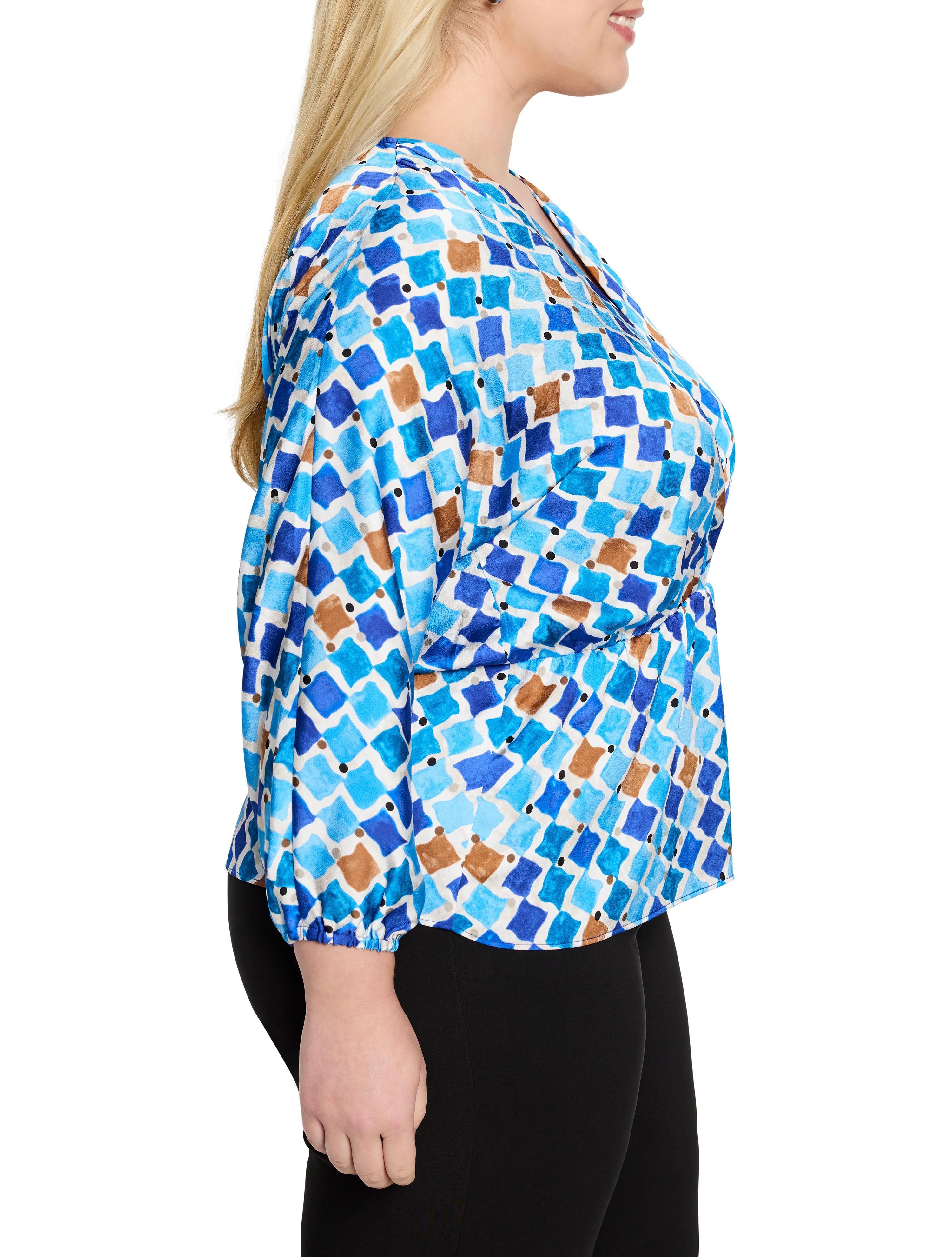Mosaic Sofia Top: Blue, brown, and white geometric print on a v-neck, 3/4 sleeve blouse with an elasticized cuff.