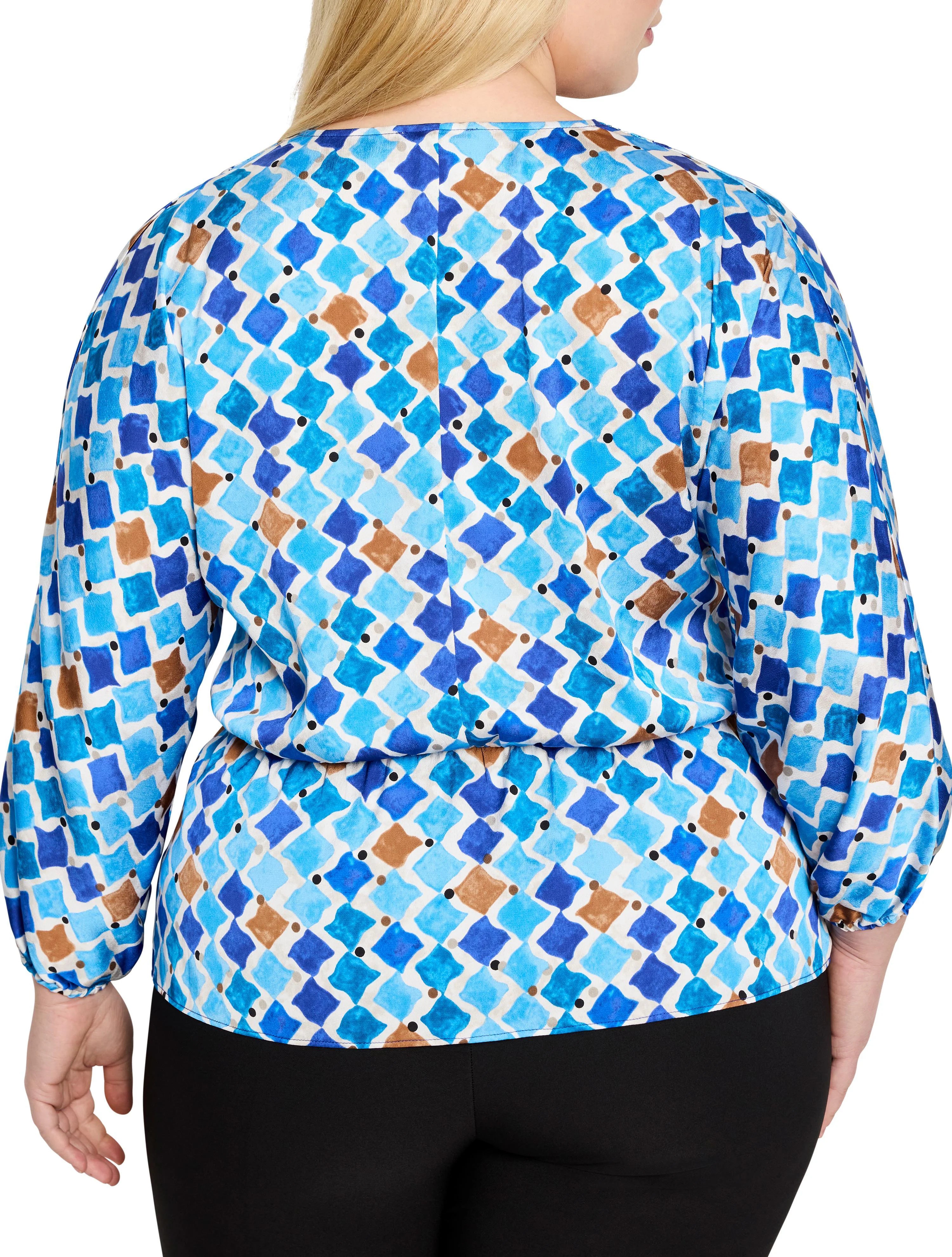 Blue, brown, and white mosaic-print top with 3/4 sleeves.  The pattern features diamond shapes.