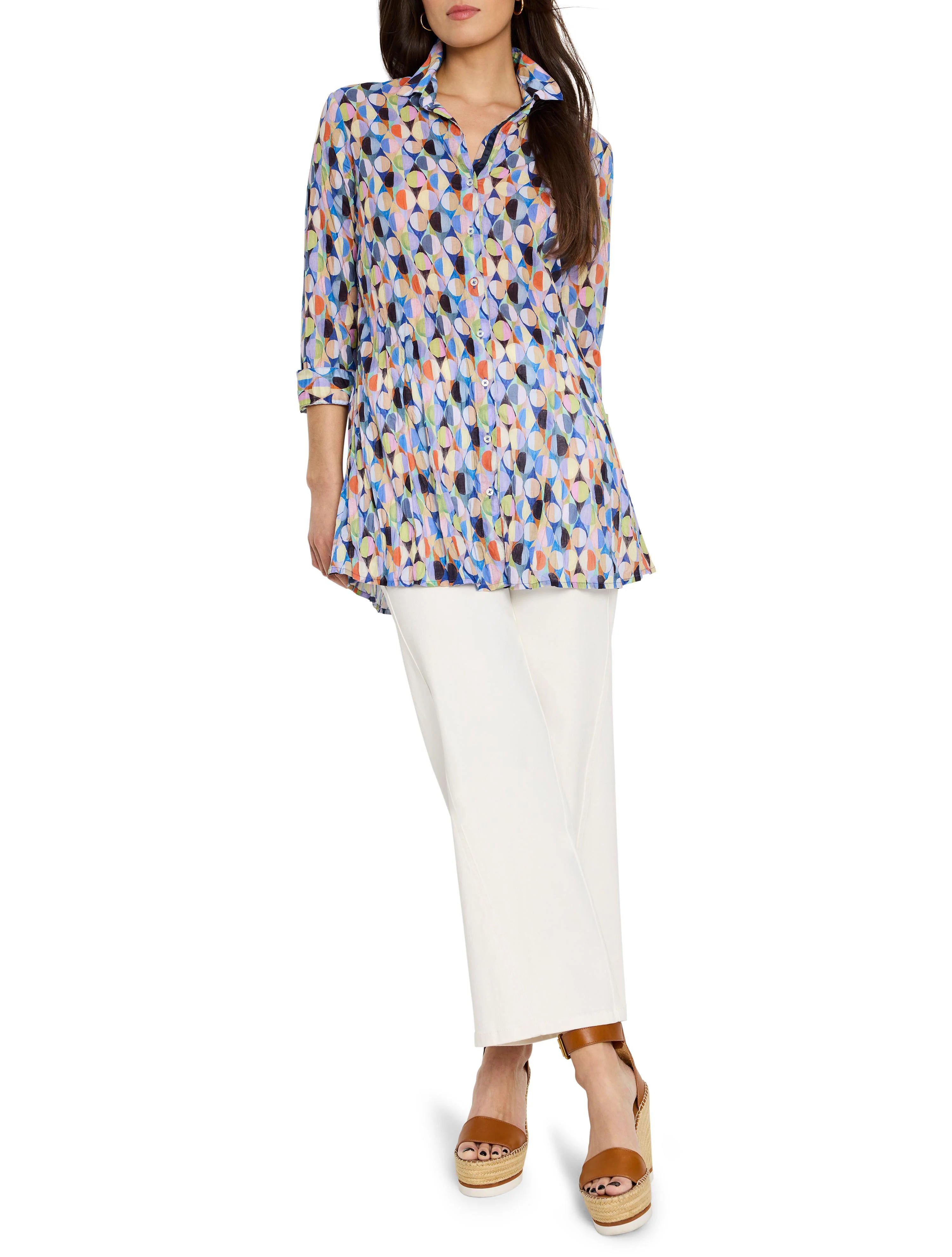 Here's alt text under 125 characters:
>Crinkle tunic shirt with abstract blue, orange, pink, and green circle print. ...