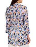 Crinkled, 3/4 sleeve shirt; blue, pink, orange, green, & beige geometric pattern.  Collared.