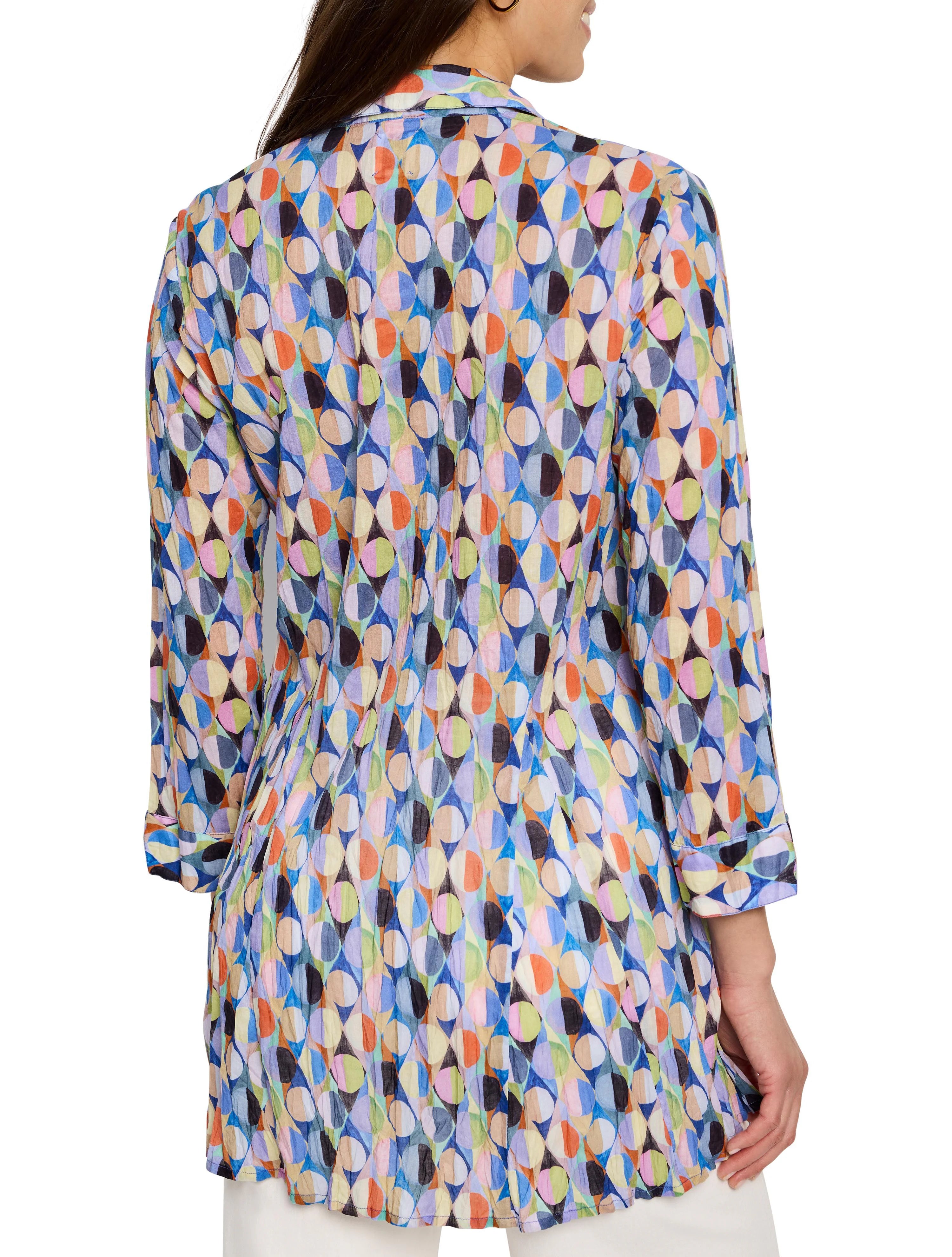 Crinkled, 3/4 sleeve shirt; blue, pink, orange, green, & beige geometric pattern.  Collared.