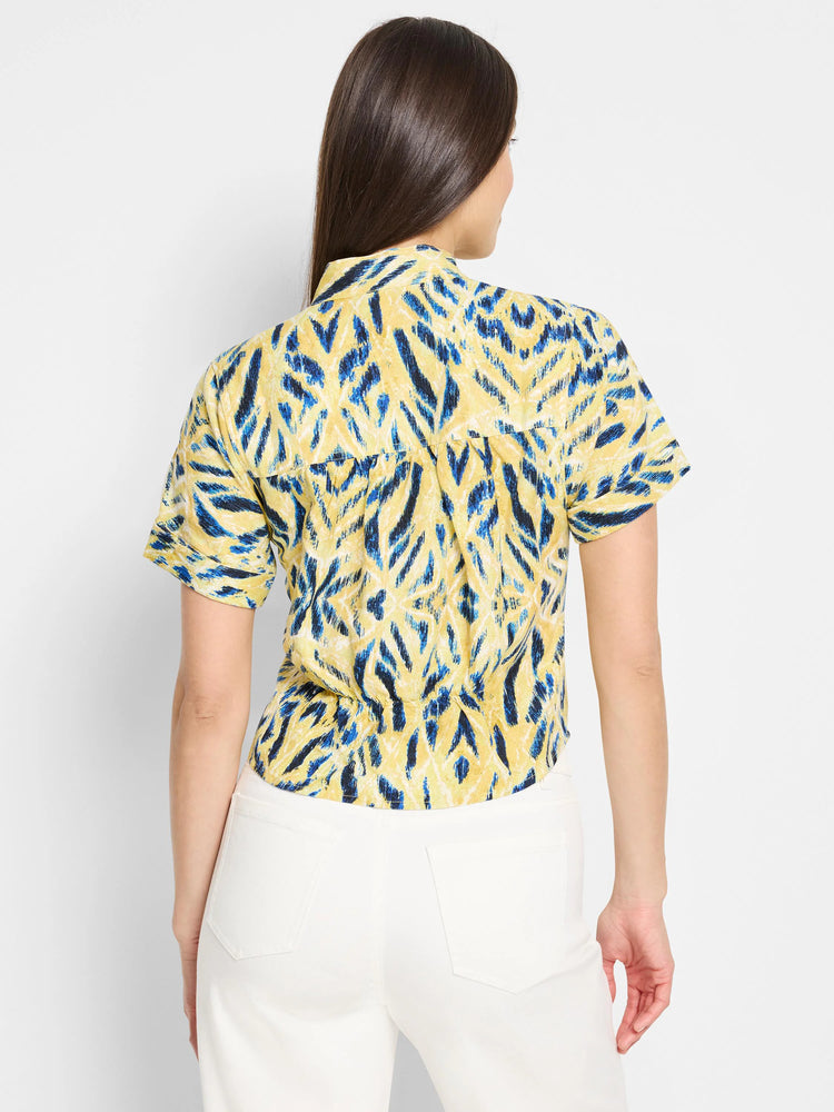 Yellow shirt with blue & white woven pattern. Short sleeves, tie waist.