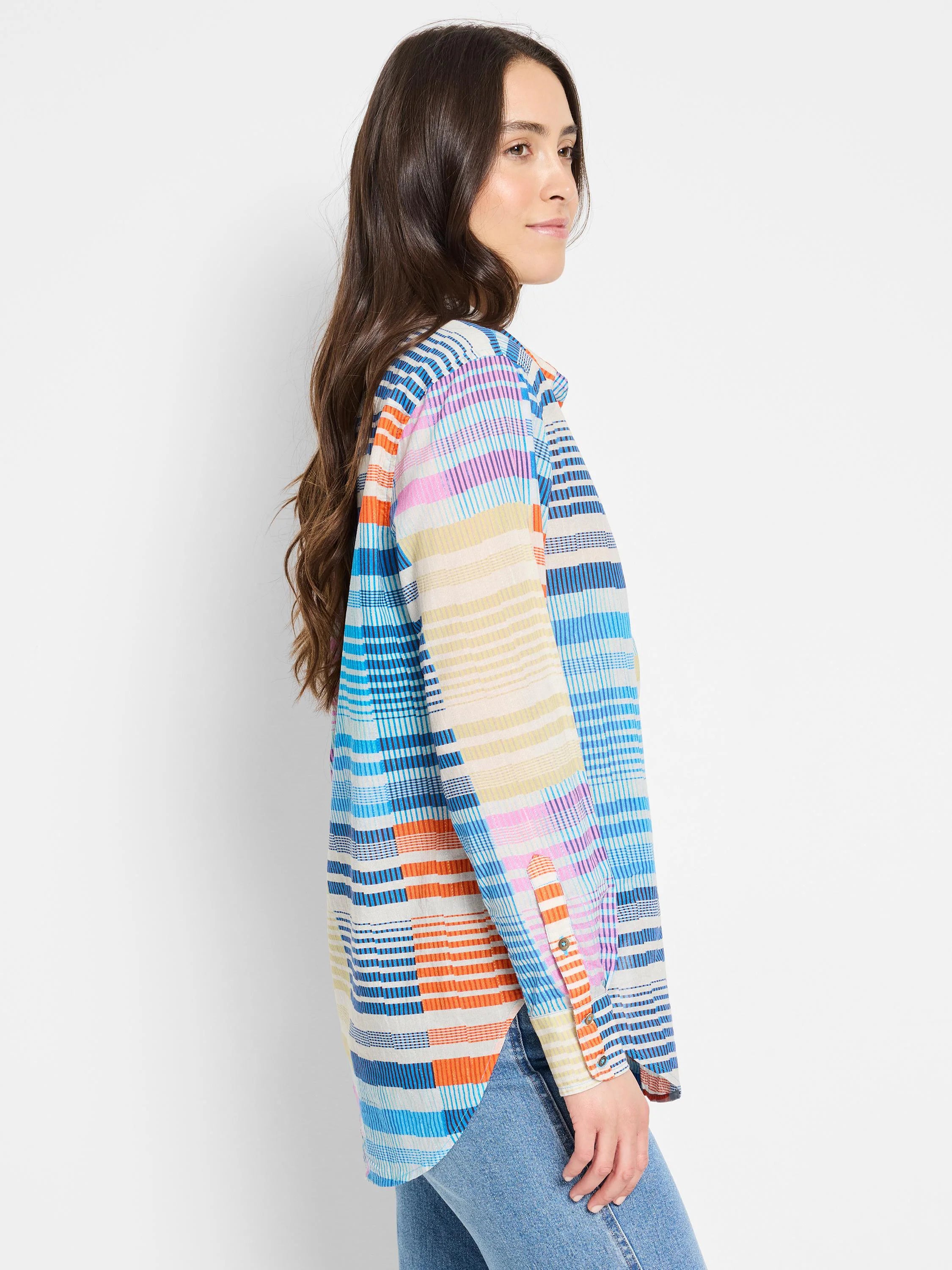 Cotton shirt with multicolored stripes.  Blues, oranges, pinks, and beige in a block pattern.  Long sleeves, button-down.