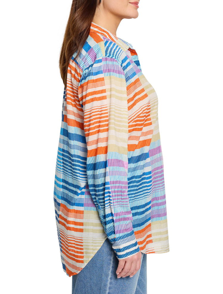 Cotton shirt, orange, blue, purple, and beige stripes in a plaid pattern. Long sleeves, button-down collar.