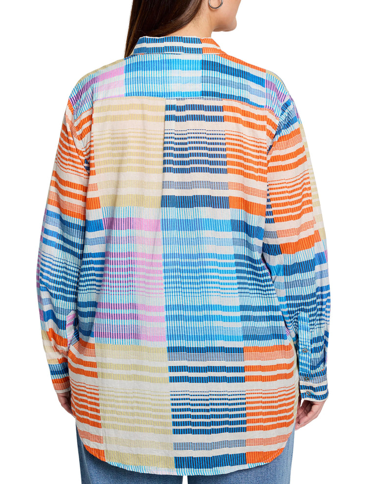 Cotton shirt; blue, orange, pink, & beige block stripes. Long sleeves, button-front.