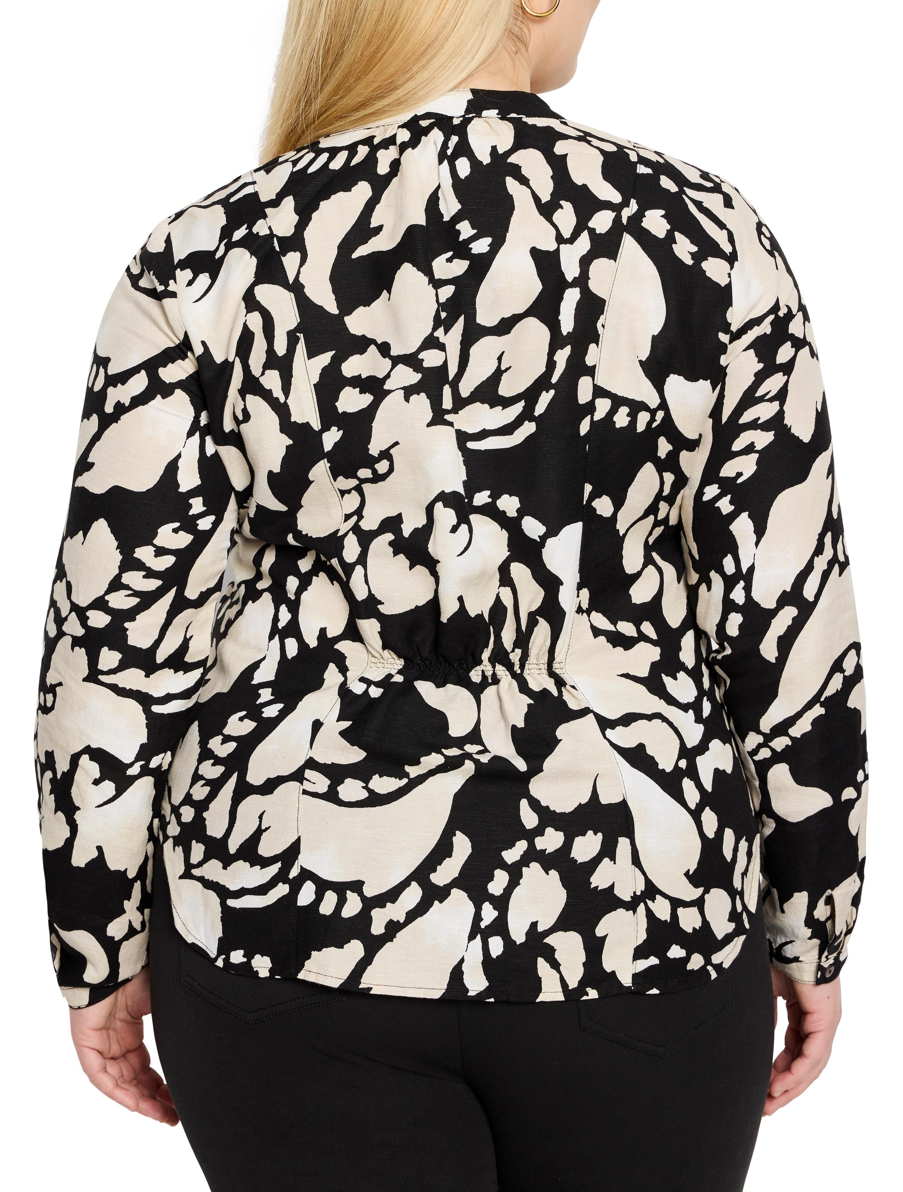 Black shirt with beige abstract floral pattern, long sleeves, and a back drawstring waist.