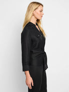 Black linen shirt,  tie front, collared, three-quarter sleeves, breast pocket.