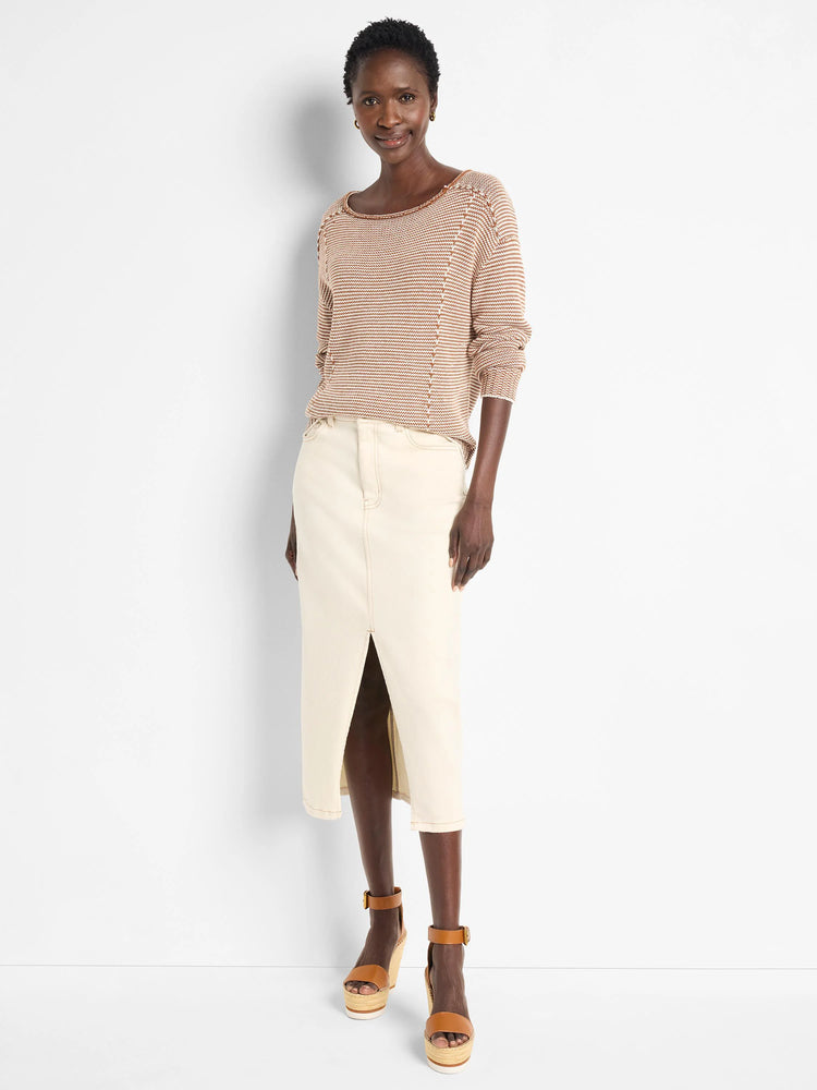 Off-white denim midi skirt with a front slit. Features visible seams.
