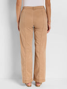 Beige wide-leg pants with center seams and a mid-rise waist.  The pants have a subtle stitch detail along the seams.