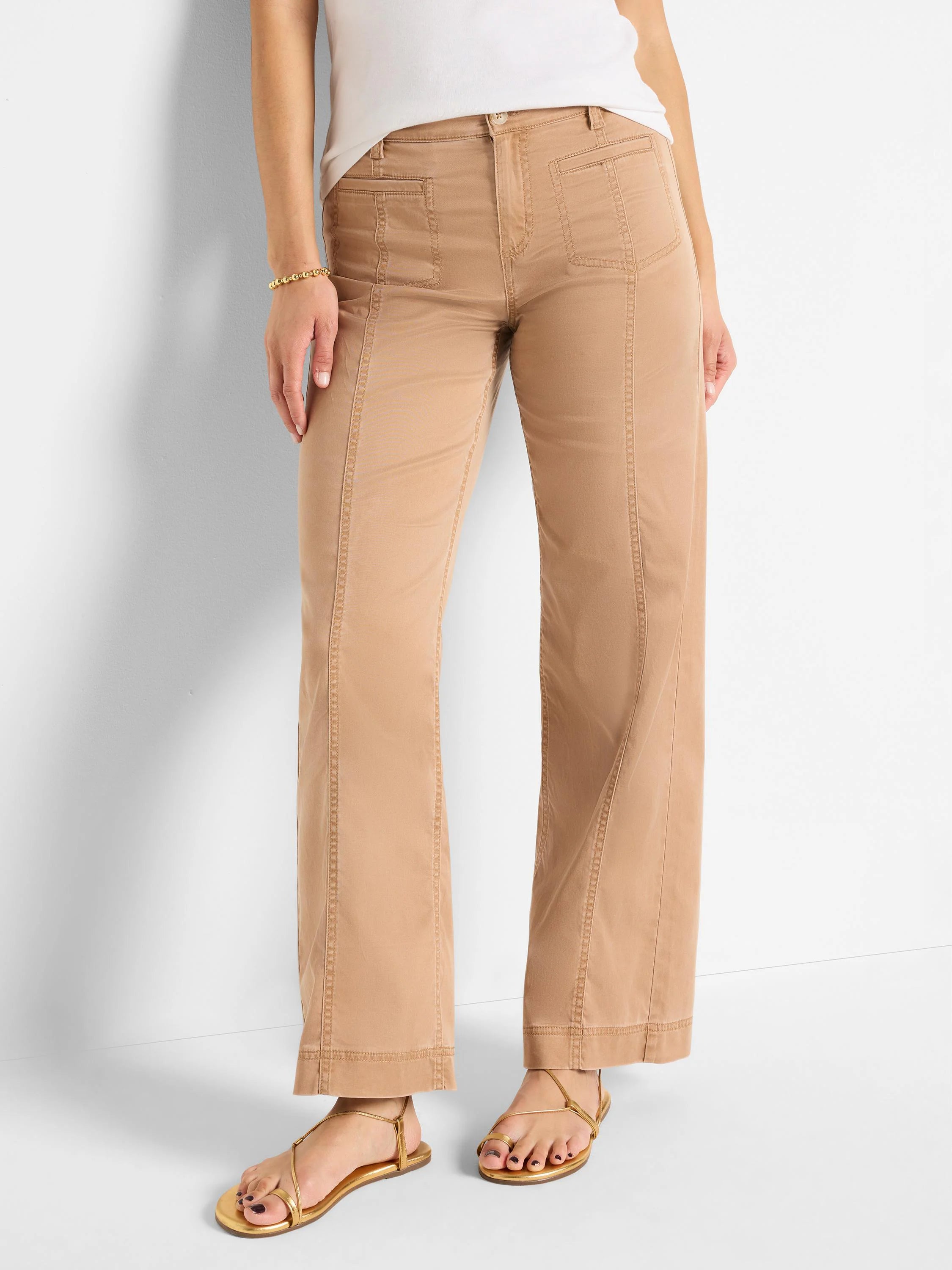 Light brown wide-leg pants with top stitching detail.  Features pockets.