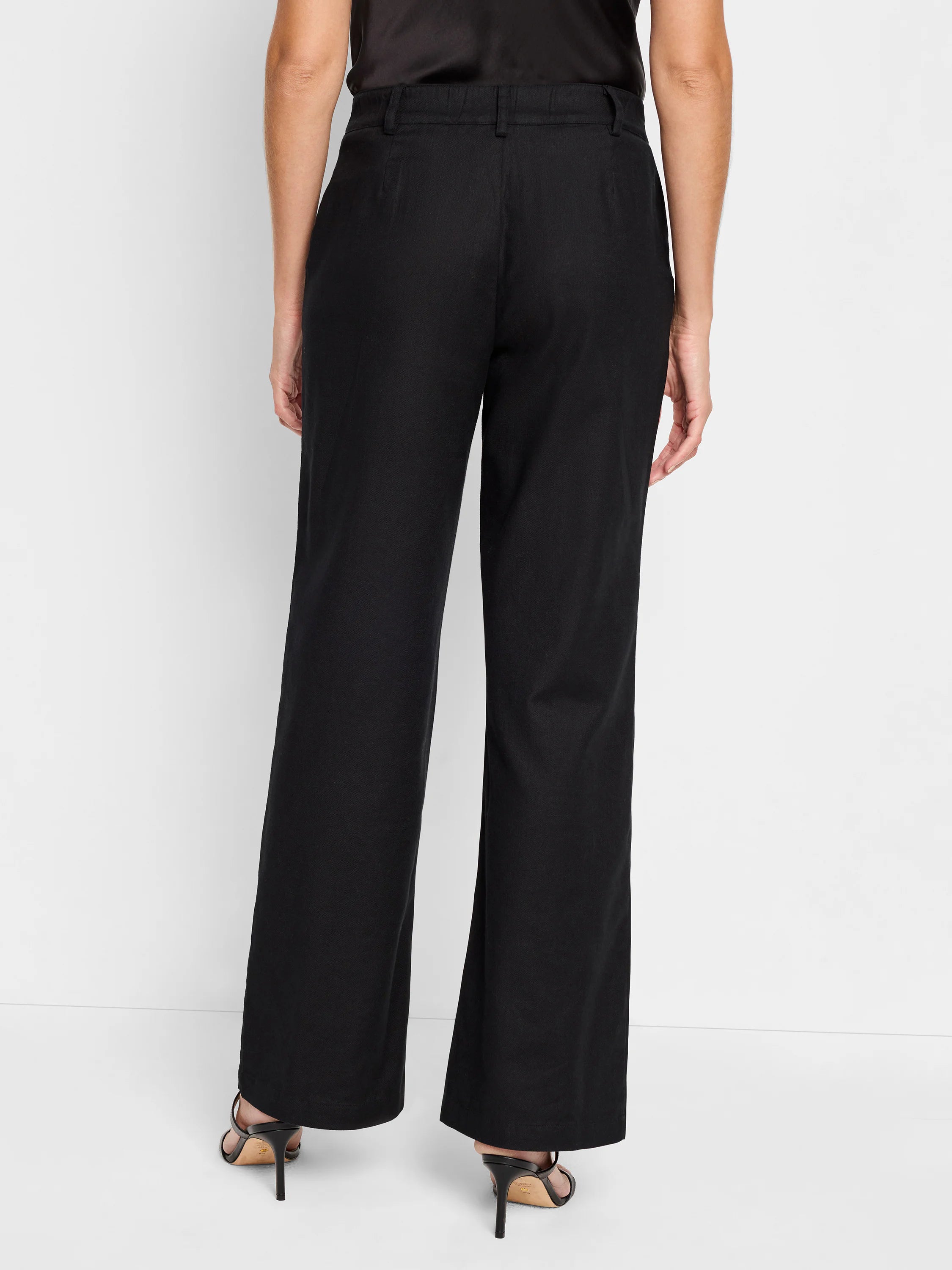 Black linen-cotton wide-leg pants; rear view.  High-waisted, flat front.