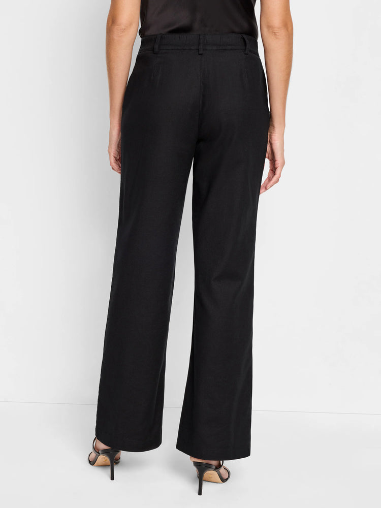 Black linen-cotton wide-leg pants; rear view. High-waisted, flat front.