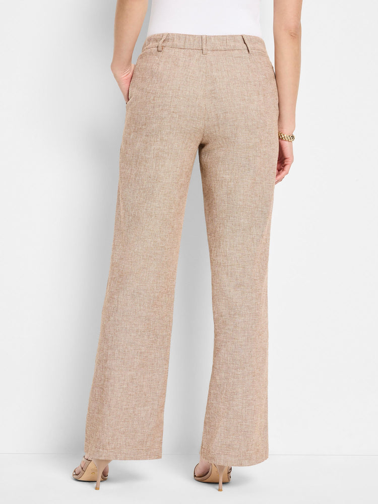 Beige linen-cotton wide-leg pants; textured fabric. Back view.