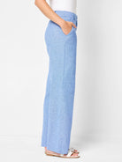 Light blue linen-cotton wide-leg pants; side view.