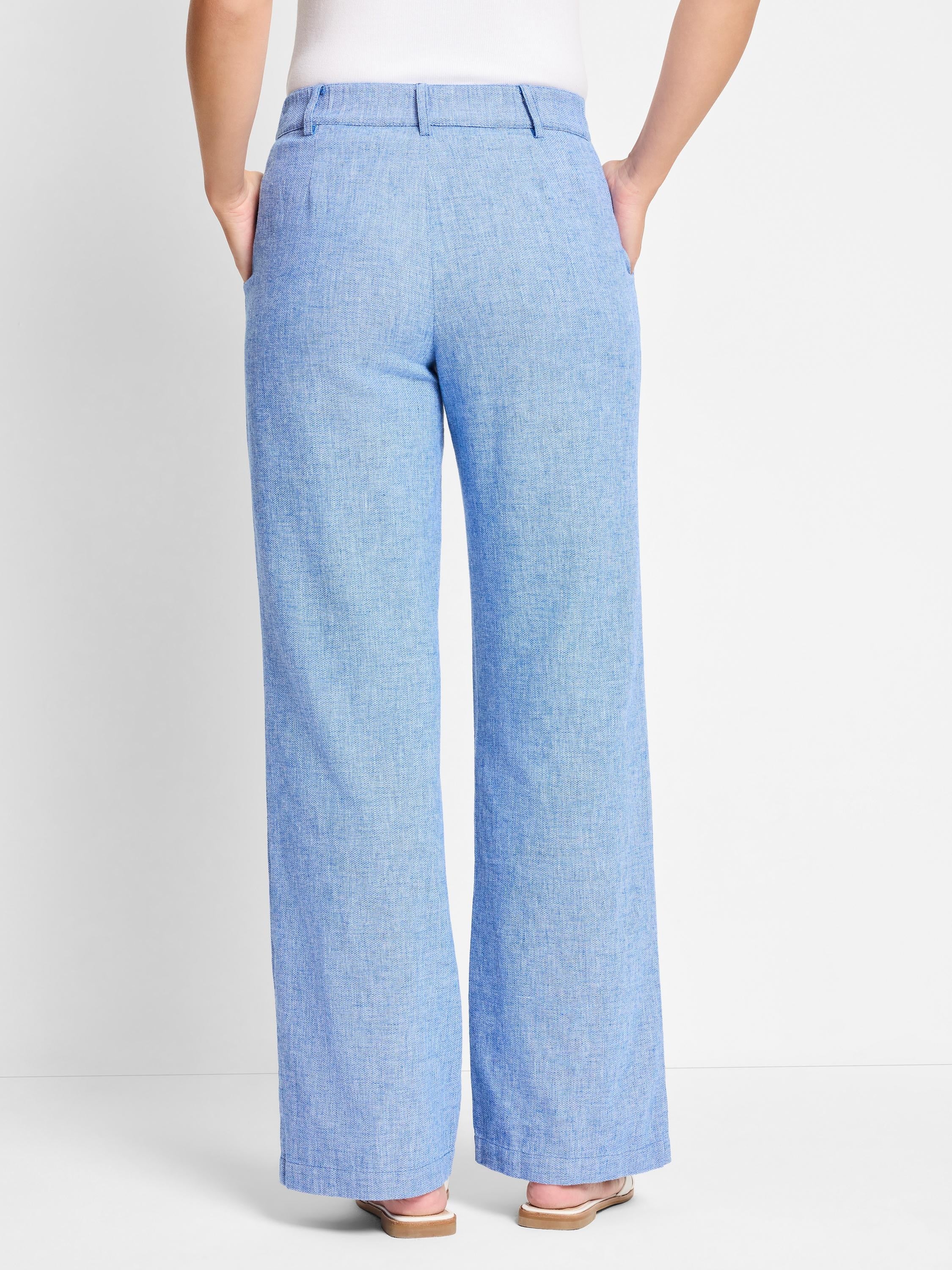 Here's alt text under 125 characters:
Light blue linen-cotton wide-leg pants;  textured fabric;  shown from the back.