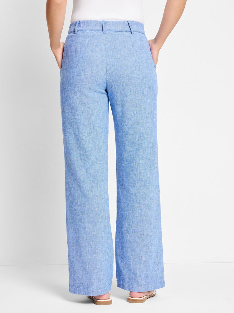 Here's alt text under 125 characters:
Light blue linen-cotton wide-leg pants; textured fabric; shown from the back.