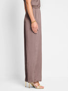 Mauve pull-on pants; wide leg; glossy sheen.