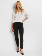 Black bi-stretch straight pants on a model, shown ankle-length.