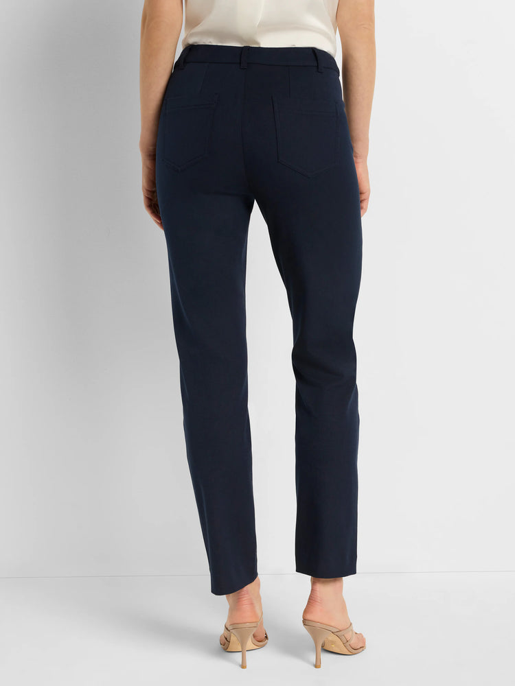 Back view: Dark navy straight pants with two back patch pockets and belt loops.
