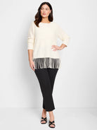 Black straight-leg pants, cropped length, shown on a model.