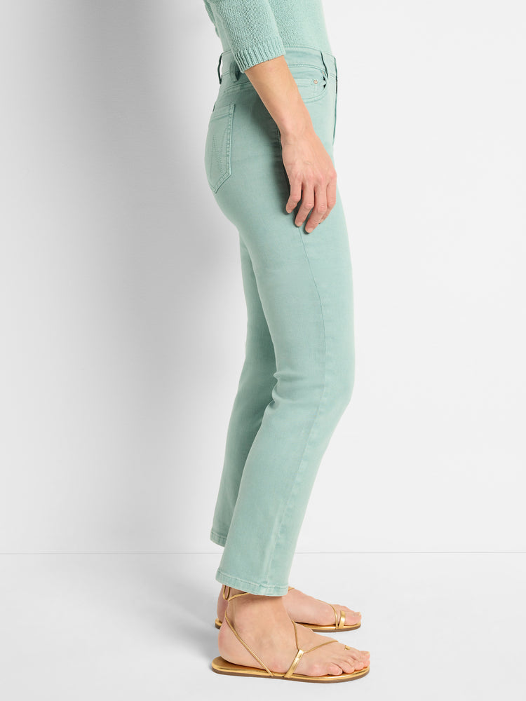 Pale mint high-rise jeans feature a slim, straight-leg fit and a cropped ankle length.