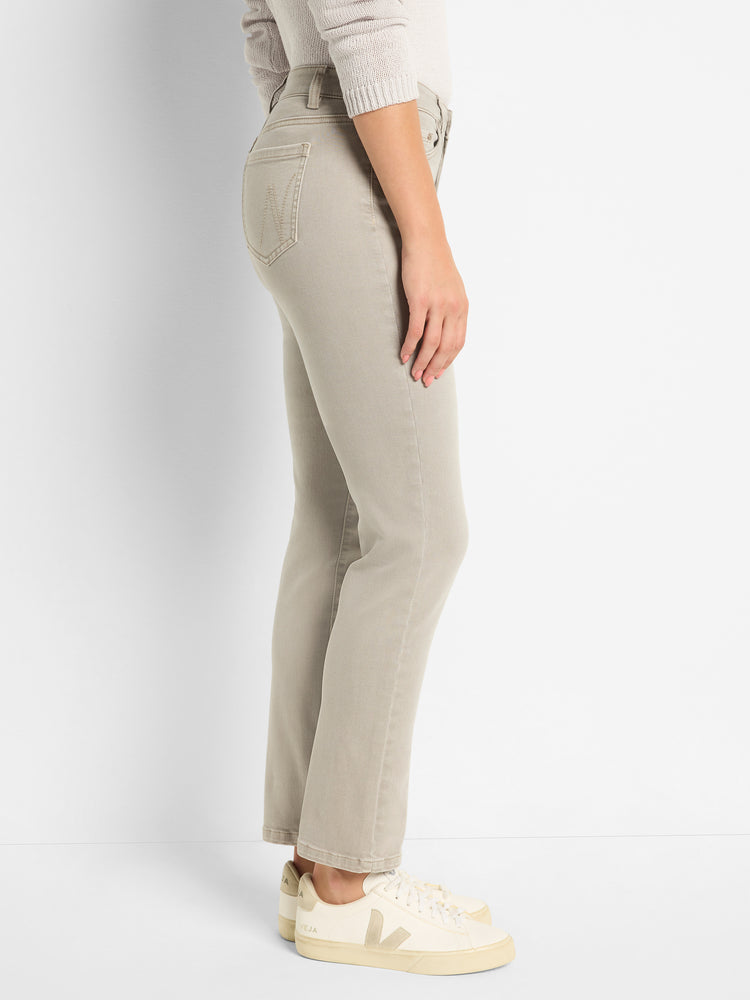 Cropped taupe jeans with a high-waisted, slim-straight fit feature classic five-pocket denim styling.