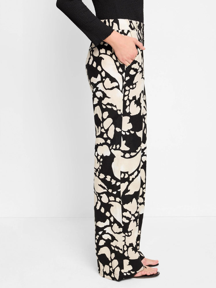 Black wide-leg pants with a beige abstract print. Side view shows a center front seam and pockets.
