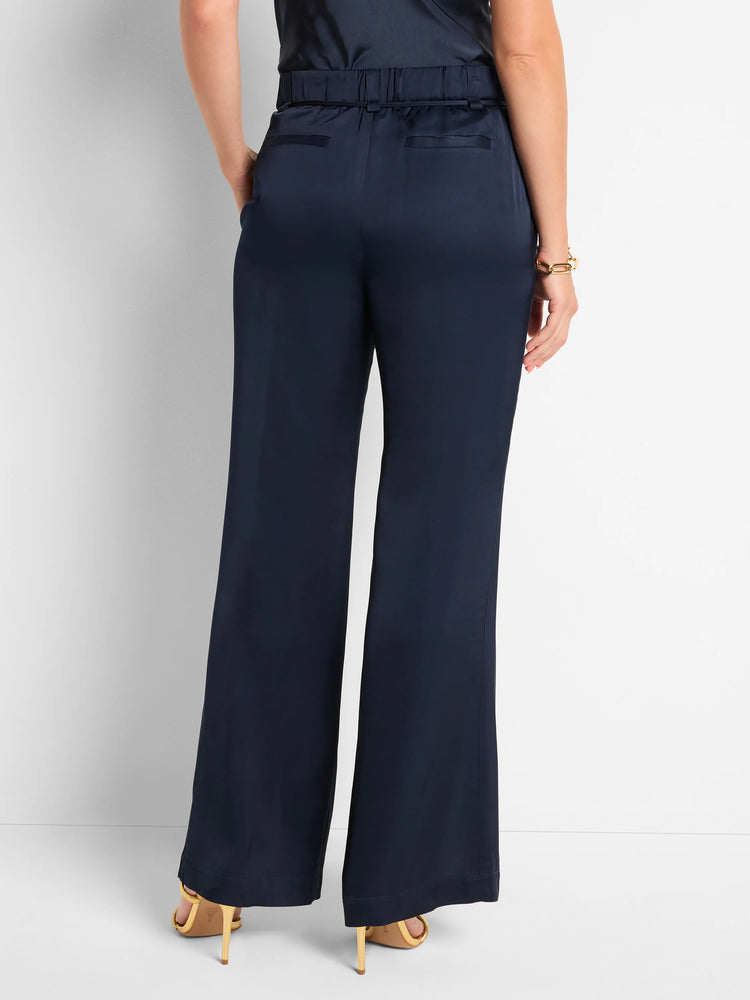 Navy blue wide-leg pants with a drawstring waist and front slit. Back view shown.