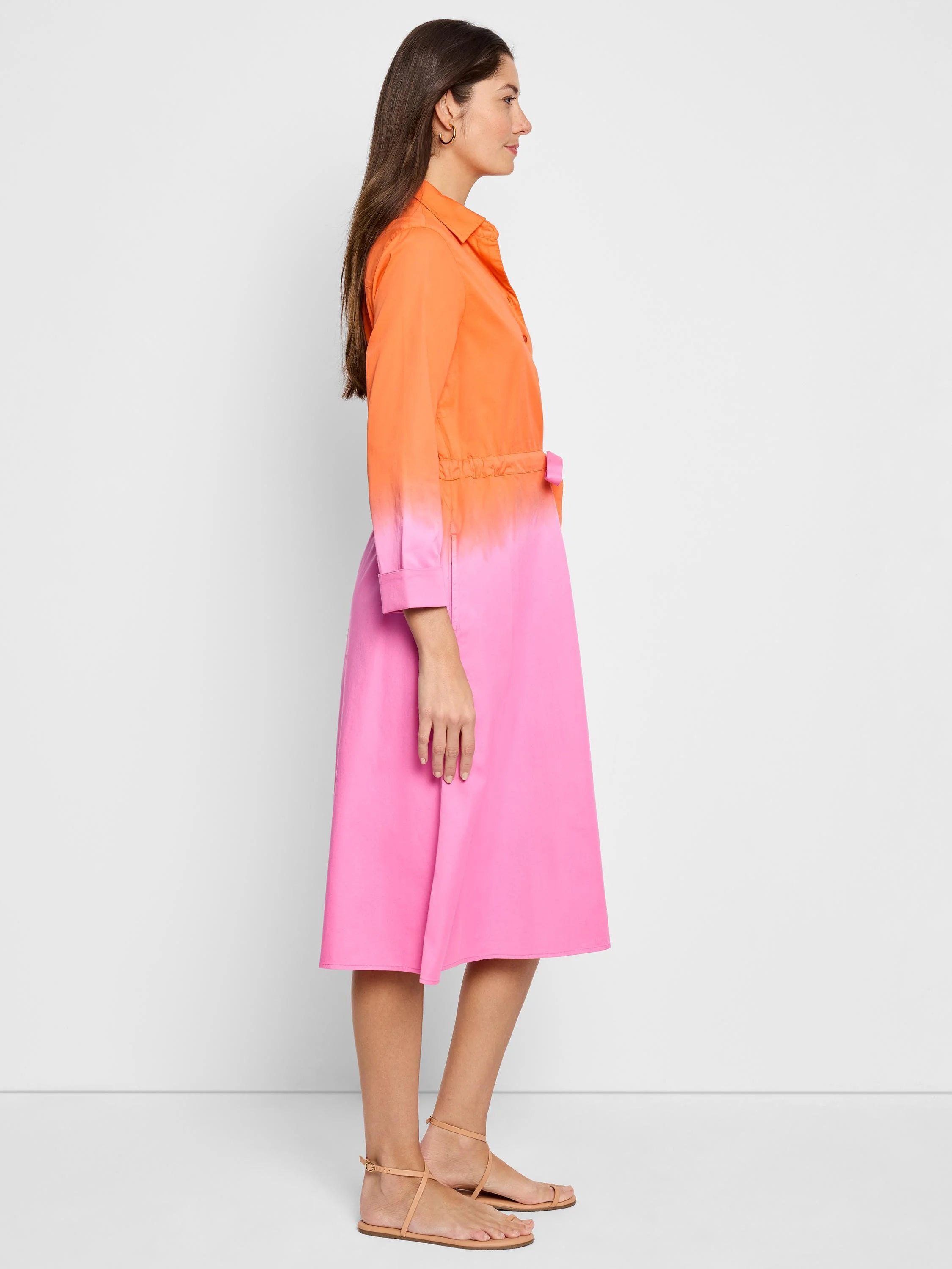 Ombre shirt dress; top half orange, bottom half hot pink. Three-quarter sleeves, knee-length, belted waist.