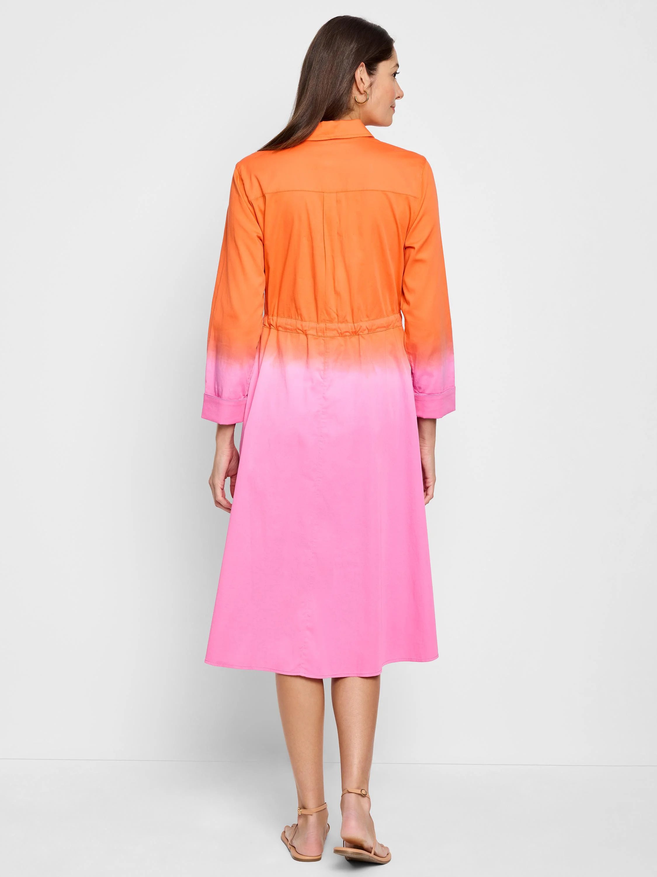Ombre dress, orange top fading to pink bottom. Shirt collar, three-quarter sleeves, cinched waist. A-line skirt.