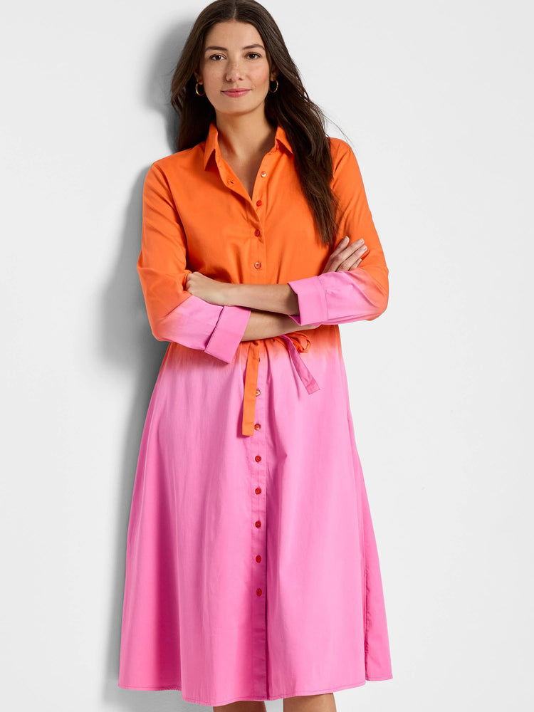 Ombre shirt dress; orange top fading to pink bottom. Long sleeves, button front, belted waist, A-line skirt.
