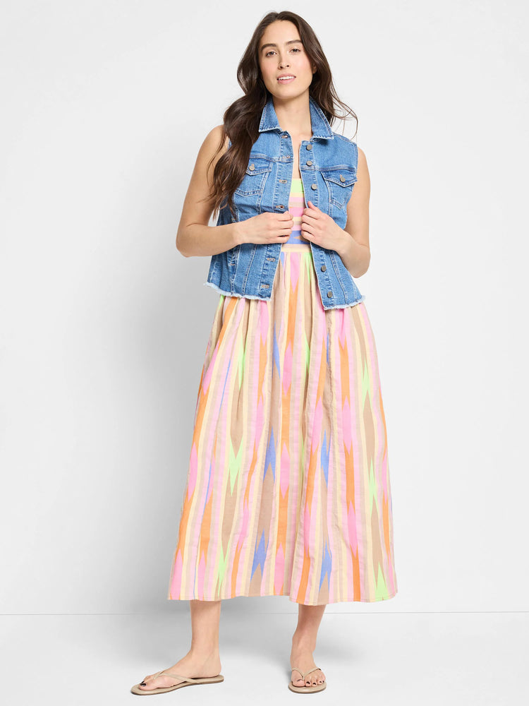 Here's alt text for the image, under 125 characters:
"Midi dress with pastel pink, orange, light green, and beige...